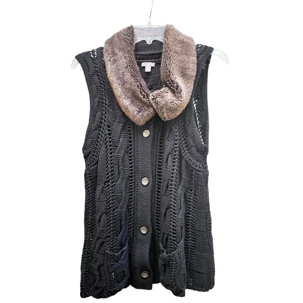 J. Jill Black Faux Fur CollarOpen Cable Knit Button Front Sweater Vest Medium